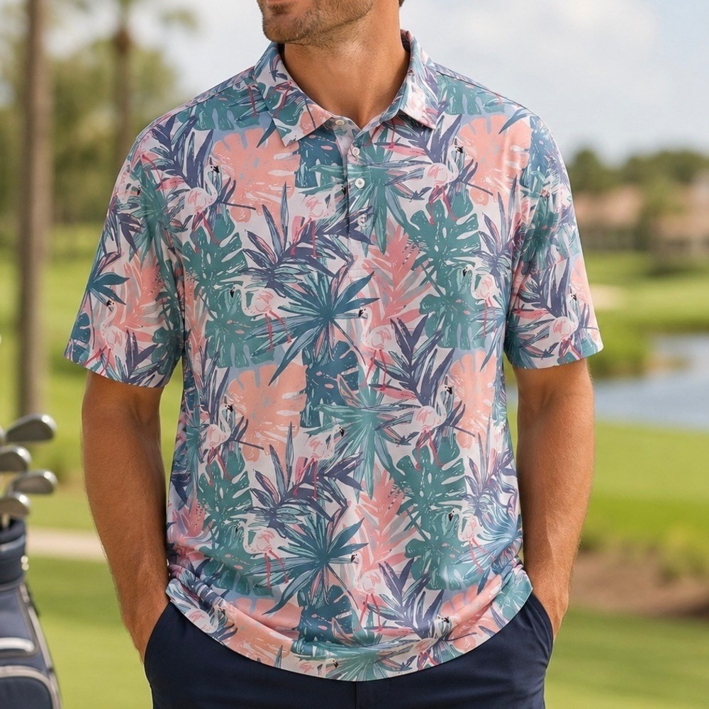 Waggle Flamingo Tropical Golf Polo Shirt 2XL Stretch Performance Pink Blue